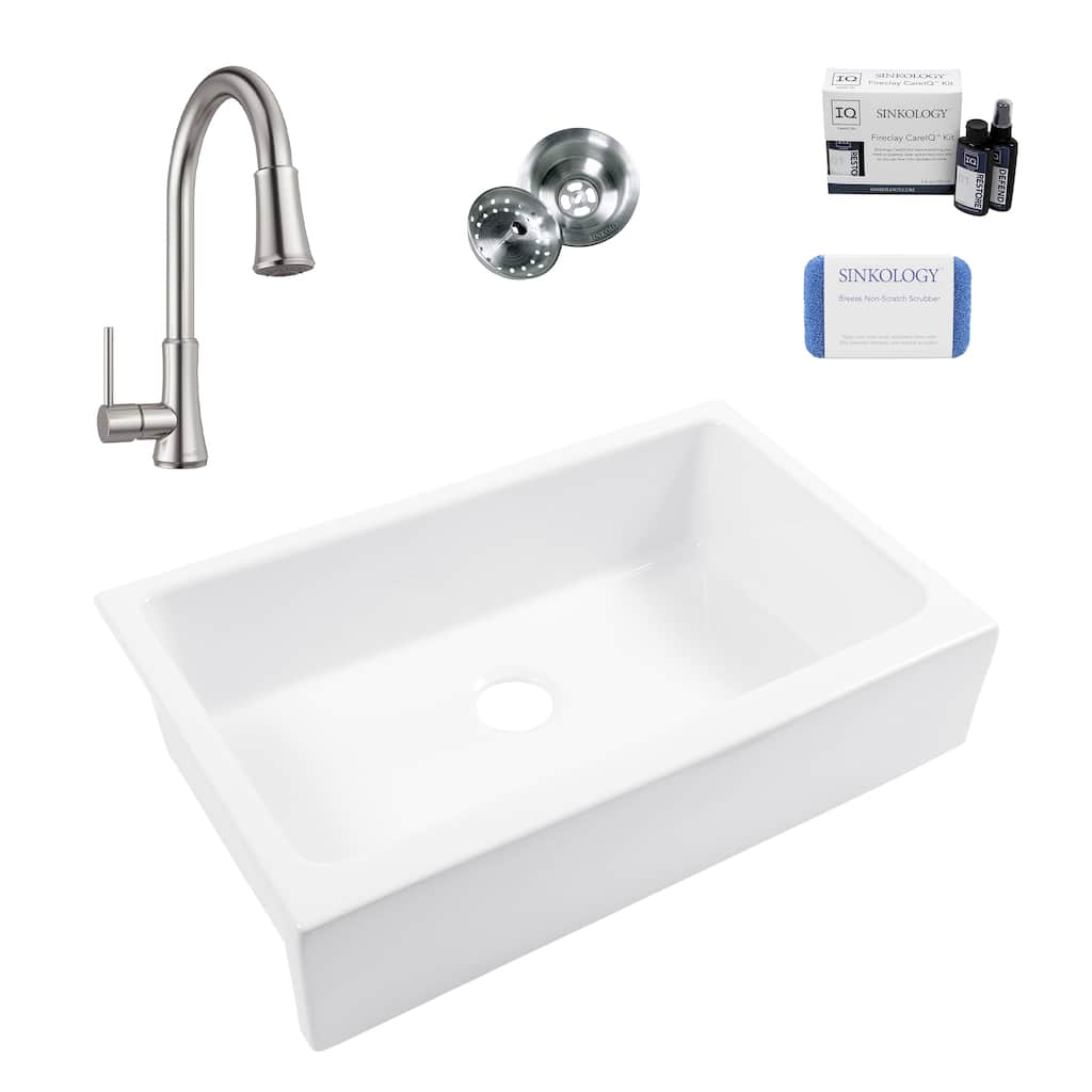 Grace Crisp White Fireclay 34-in Quick-Fit Farmhouse Undermount Single Bowl Kitchen Sink with Faucet Kit