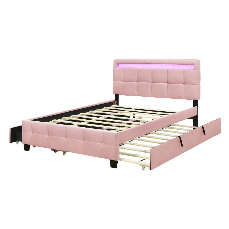 Queen Size Linen Fabric Upholstered Platform Bed with LED Frame, with Twin XL Size Trundle and 2 drawers