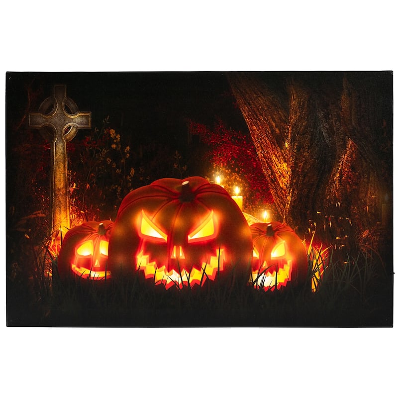 LED Jack-O-Lanterns a Cemetery Halloween Canvas Wall Art 23.5"x15.5"