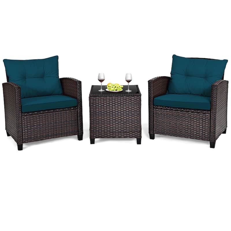 Outdoor 3-piece Cushioned Rattan Patio Furniture Conversation Set