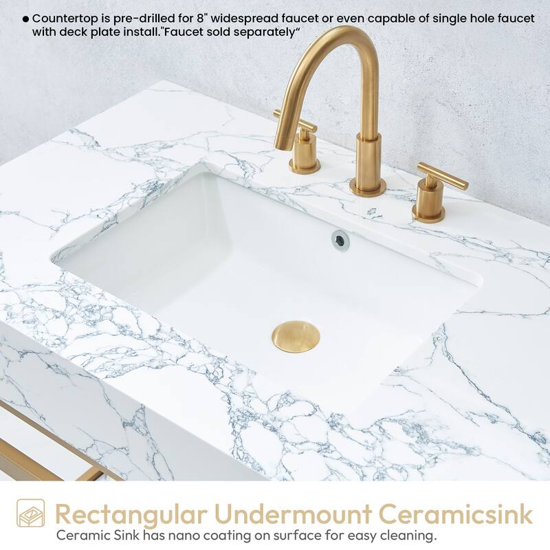 Ecija Bath Vanity, Metal Support with Composite Stone Top and Mirror