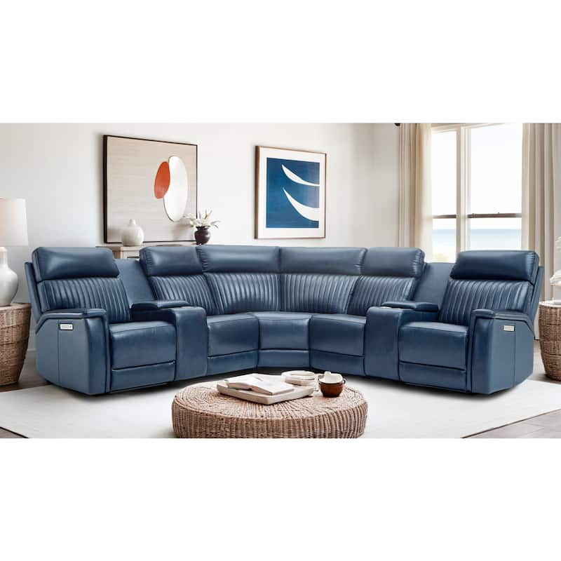 Genuine Leather Power Recliner Sectional Sofa with Ajustable Headrest, Power Lumbar, USB&USB-C Port - Blue (2 stat. armlesschairs)
