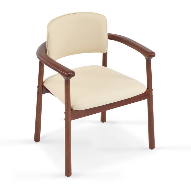 Roomfitters 2-Pack Mid-Century Dining Chairs, PU Upholstered Seat with Curved Rubber Wood Frame, Cream and Walnut