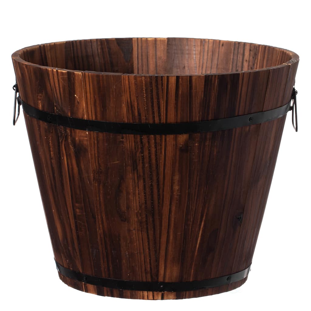 Rustic Wooden Whiskey Barrel Planter with Durable Medal Handles and Drainage Holes - Perfect for Indoor and Outdoor