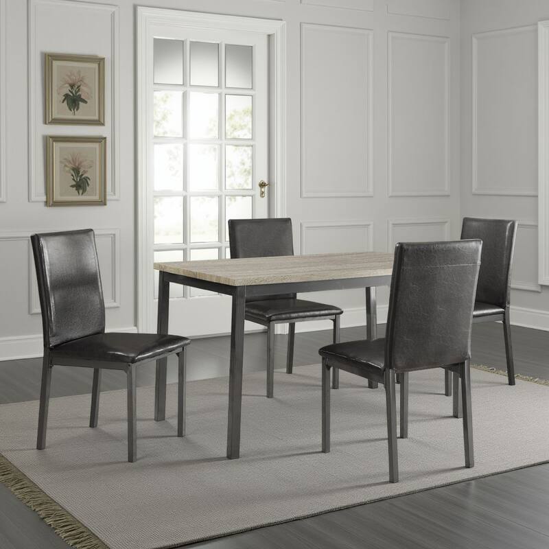 Raza 5pc Dining Set, Weathered Gray Table, 4 Black Faux Leather Chairs