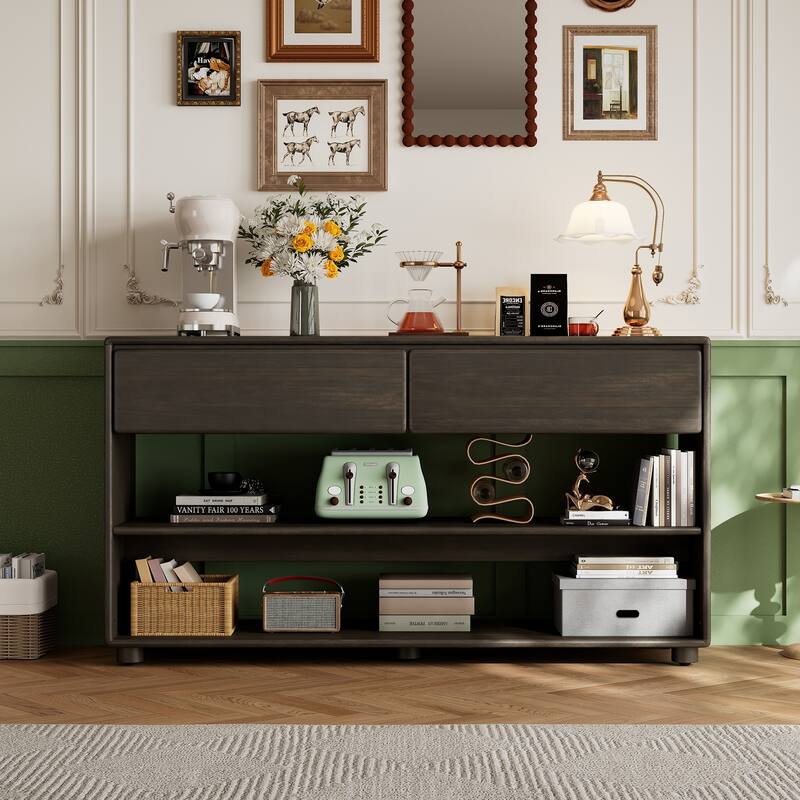 Vintage Narrow Console Table Entryway Table with Drawers and Shelves, 2-Tier Display Stand Living Room Accent Table - Espresso