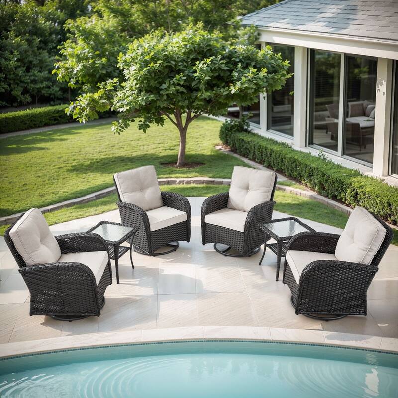 Gymojoy Ergonomic Swivel & Glider / Rocking Chair Set with Side Tables Outdoor Patio Furniture Set - 6-Piece - Swivel Chair - Black Wicker / Beige Cusion