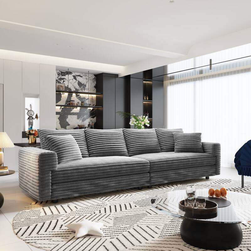 102.4 " Corduroy Modular Sofa, Modern Upholstered Sofa Cloud Couch, Deep Seat Couches w/ Pillows, Movable Ottoman for Apartment