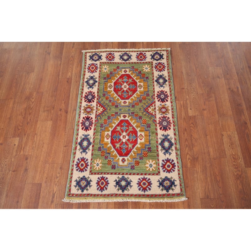 Green Kazak Oriental Accent Rug Hand-Knotted Wool Carpet - 1'11" x 3'1"
