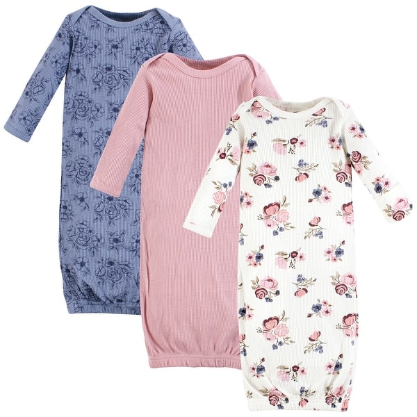 slide 1 of 1, Hudson Baby Infant Girl Thermal Gown 3pk, Dusty Rose Floral 0-6 Months - Dusty Rose Floral