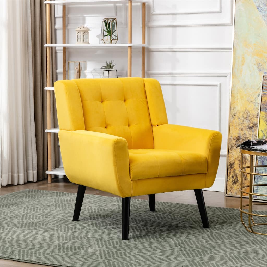Yellow Velvet 29.53" Buttons Tufted Accent Chair with Black Legs