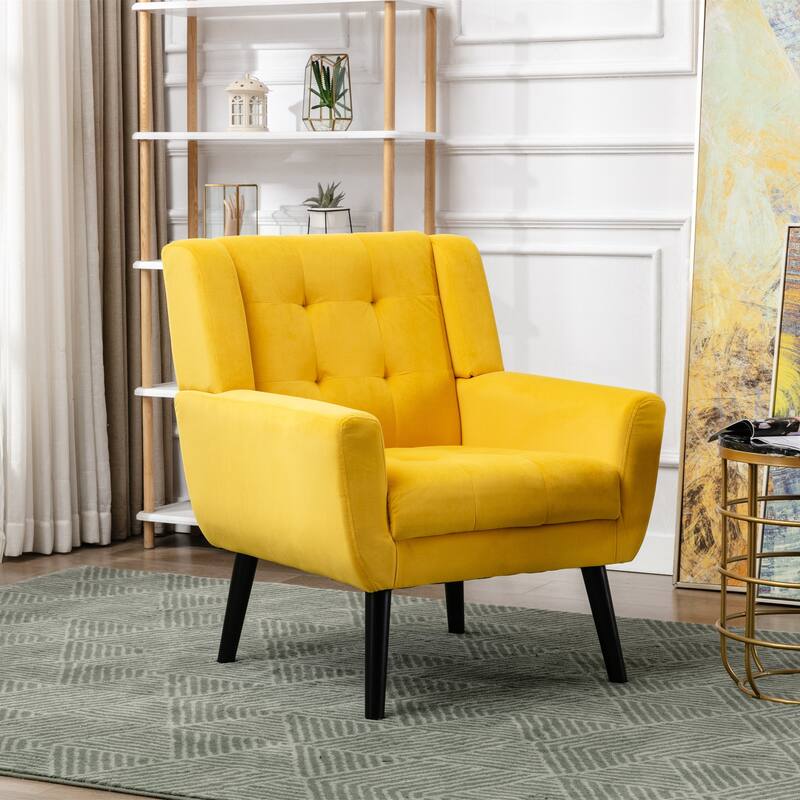 Yellow Velvet Modern 29.53" Upholstered Buttons Tufted Accent Chair with Black Solid Wood Legs - Yellow Velvet