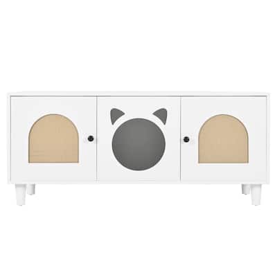 Modern Wood Cat Cabinet with Sisal Scratcher, Integrated Litter Box Enclosure & Storage, Cream White Side Table‌