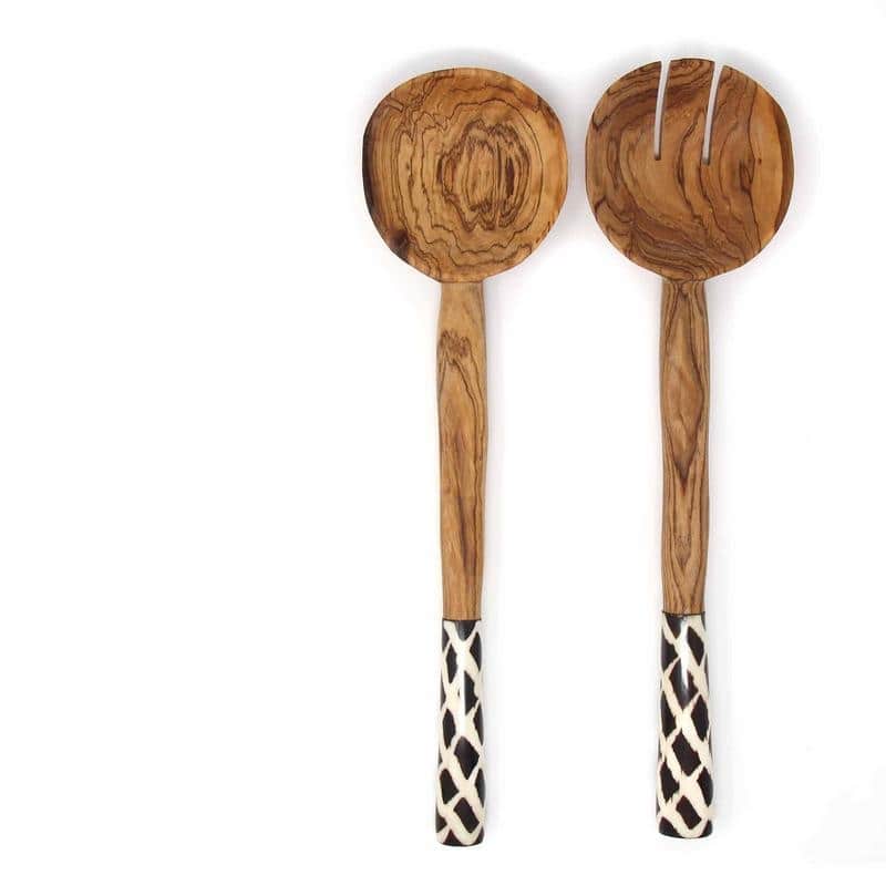 Handmade Olive Wood Serving Utensils with Natural Batik Bone Handles (Kenya)