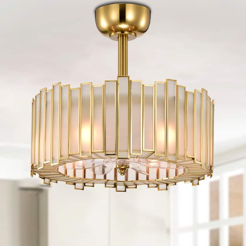 Walda 6-light Brass and Frosted Glass Staggered Panes Fandelier Lighted Ceiling Fan Remote Control - Brass-White