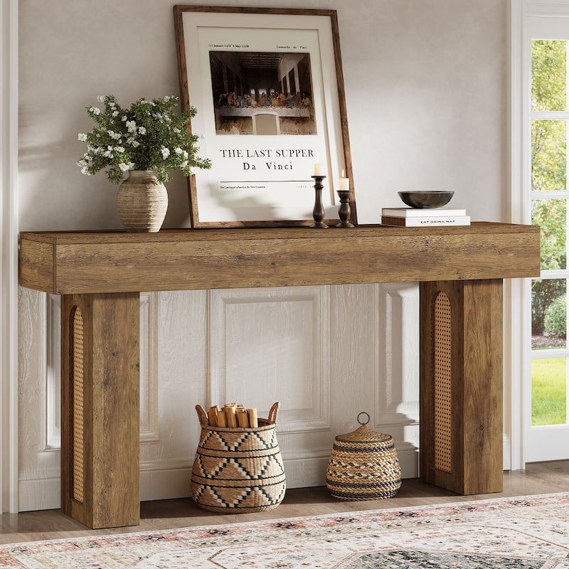 63'' Rattan Entryway Console Table Farmhouse Sofa Table