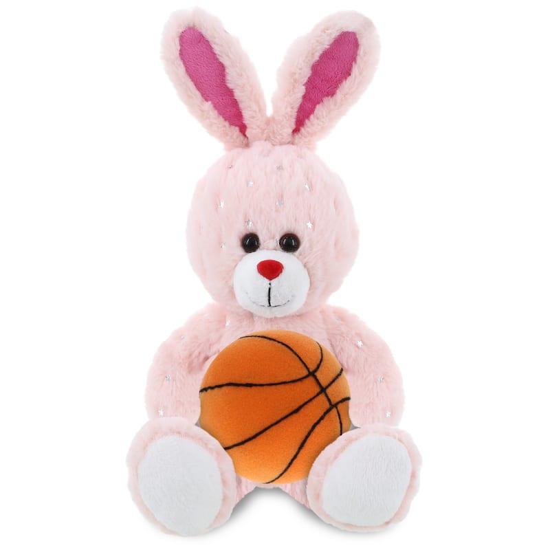 DolliBu Huggable Rose Gold Bunny Stuffed Animal with Basketball Plush - 8 inches