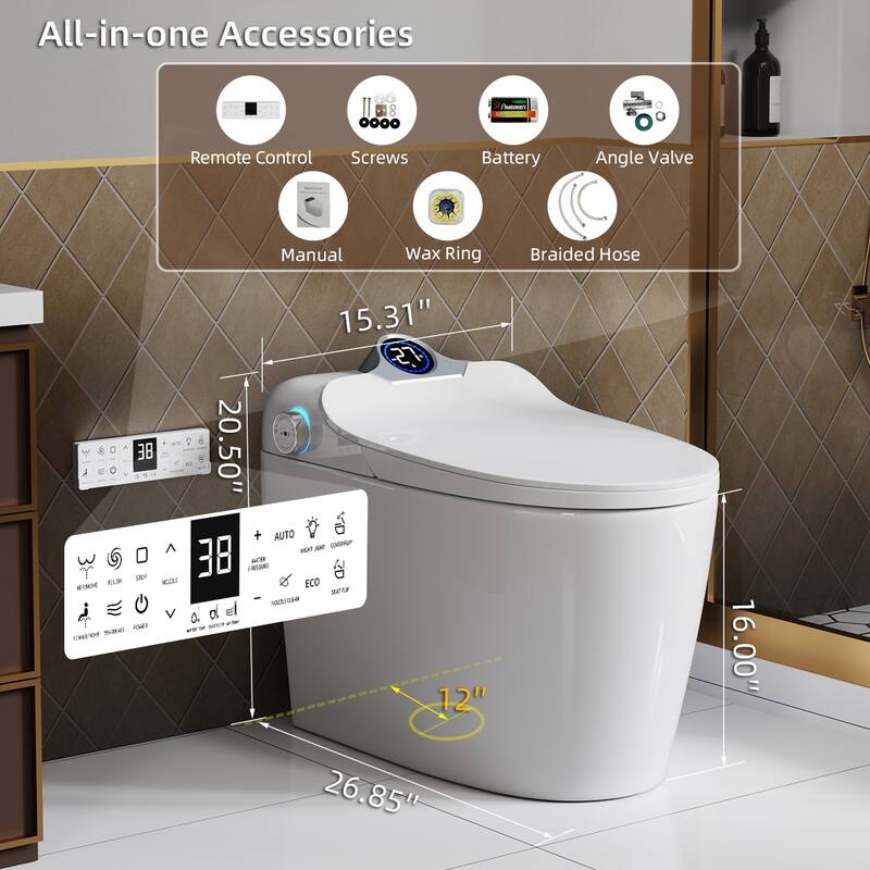 Smart Toilet Bidet Combo with Foot Sensor. Auto Open Close. Heated Seat. Warm Air Dryer. LED Display. Remote