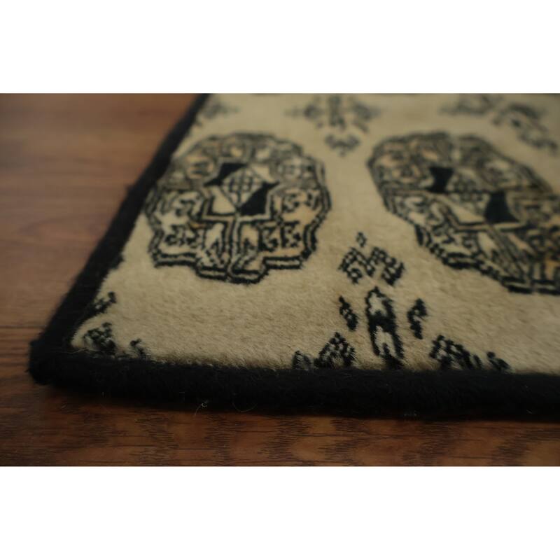 Hand Knotted Oriental 100% Wool Carpet Traditional Geometric Beige & Ivories Bokhara Runner Rug - 7' 4'' X 1' 6''