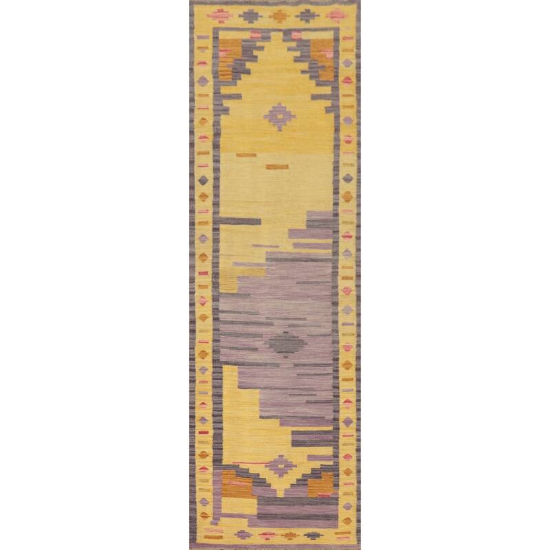 Hand Woven Oriental 100% Wool Carpet Southwestern Tribal Yellow & Gold Kilim Runner Rug - 9' 9'' X 2' 5''