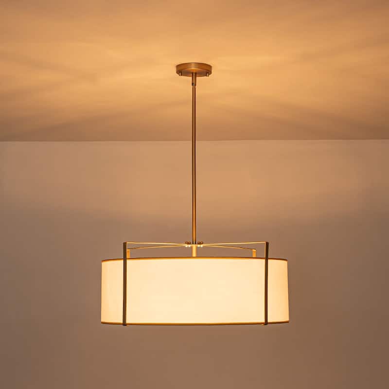 Mid-Century 4-Light White Fabric Drum Lantern Chandelier Ambient Light