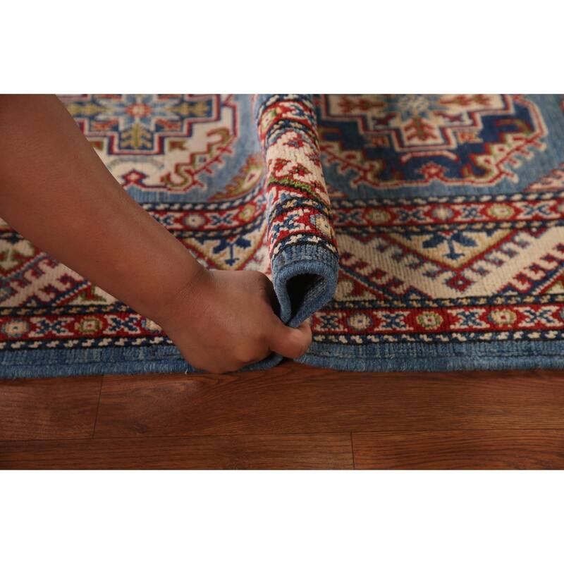 Blue Geometric Kazak Runner Rug Hand-Knotted Wool Carpet - 2'9" x 11'3"