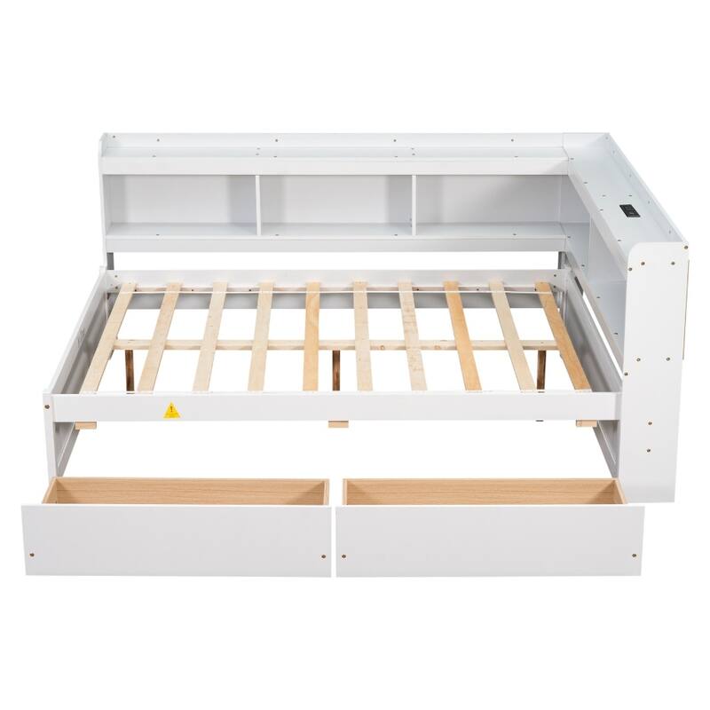 Full Size L-shaped Bookcases Bed with Power Outlets, USB Charging Ports and Two Drawers