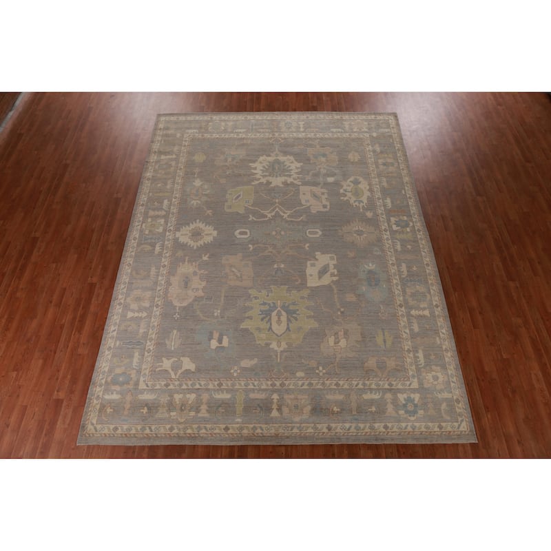 Hand Knotted Oriental 100% Wool Carpet Transitional All-Over Greys & Charcoal Oushak Area Rug - 12' 0'' X 9' 1''