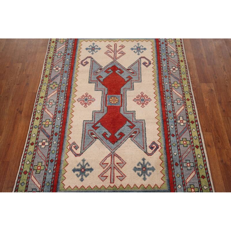 Ivory Geometric Kazak Oriental Foyer Rug Handmade Wool Carpet - 3'3" x 4'11"