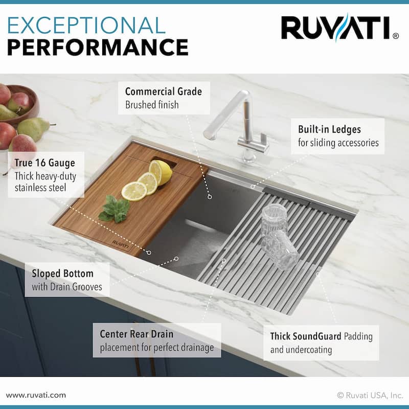 Ruvati 32-inch Workstation Ledge Undermount 16 Gauge Stainless Steel Kitchen Sink Single Bowl - RVH8301 - 30-1/2″ x 16″