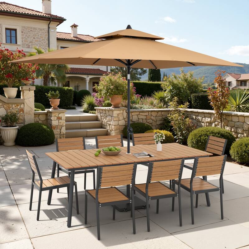 11-Piece Outdoor Dining Set Aluminum Table and 8 Stackable Chairs w/ 10 ft Umbrella and Base Stand