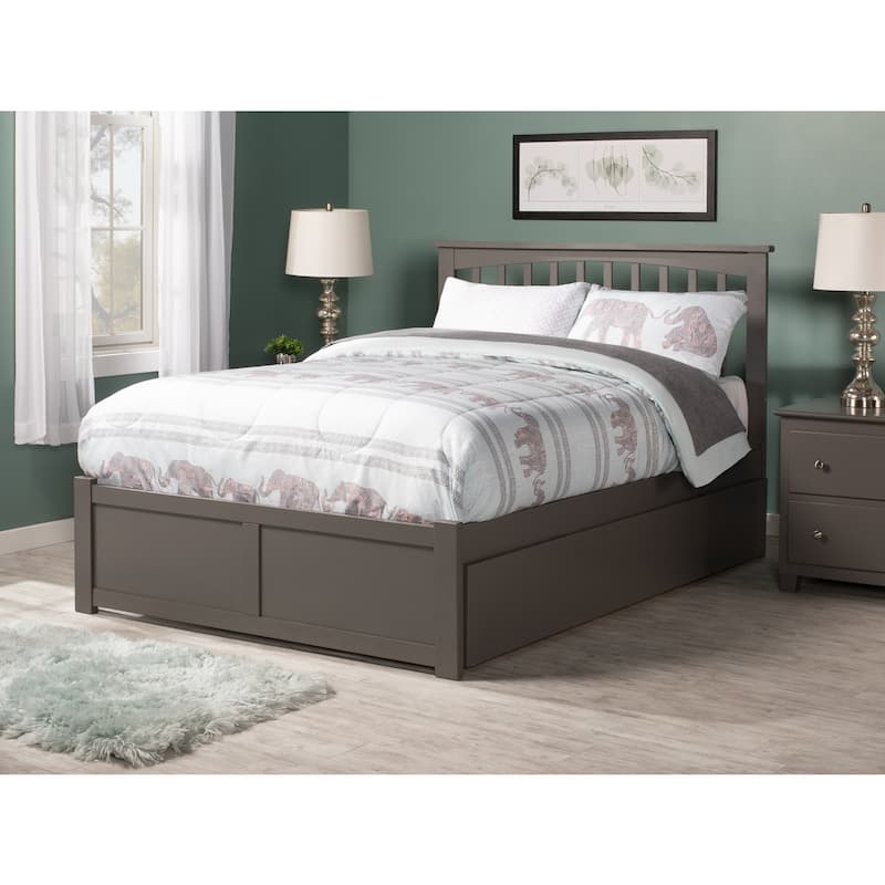 King Size Platform Bed with Trundle - Solid Wood Bed Frame, Grey Finish, Headboard & Footboard