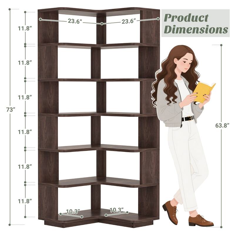 6-Tier Corner Bookcase, Freestanding Display Storage Book Shelf