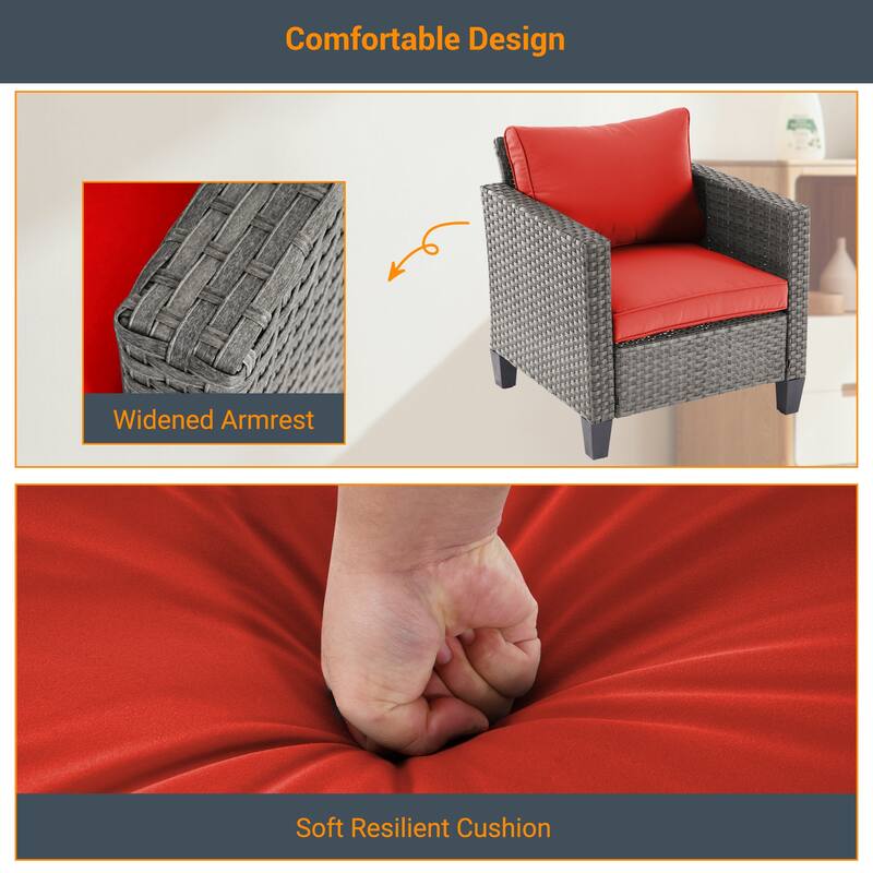 Livoosun 8 Pieces Patio Sofa with 28'' Fire Table Set, PE Wicker, Wide Armrests High Back Sofa Chair Design for Lawn, Patio