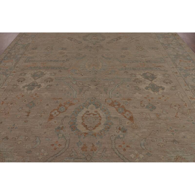 Beige Floral Oushak Turkish Area Rug Hand-Knotted Wool Carpet - 9'0"x 11'9"