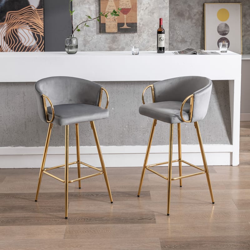Set of 2 26" Bar Stools, Gray Velvet with Chrome Footrest & Gold Legs