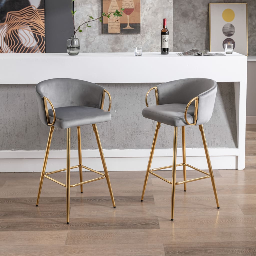 Set of 2 30" Bar Stools, Gray Velvet with Chrome Footrest & Gold Legs