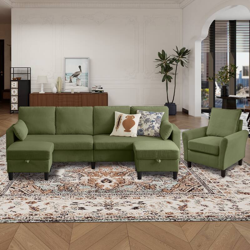 101"Corduroy 3 Piece Living Room Set Including 4 Seater Sofa ,2 Storage Ottoman and Chair