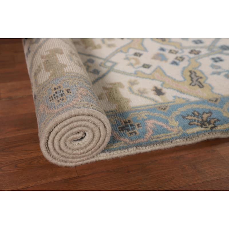 Ivory & Light Blue Oushak Oriental Runner Rug Hand-Knotted Wool Carpet - 2'7"x 7'9"