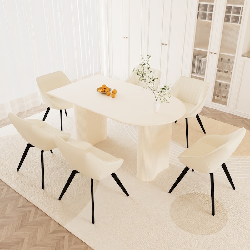 Modern Round Dining Table Set with Carved Legs and PU Leather Chairs, 7-Piece Kitchen Table Set for 4 for Dining Room - Beige+Cream