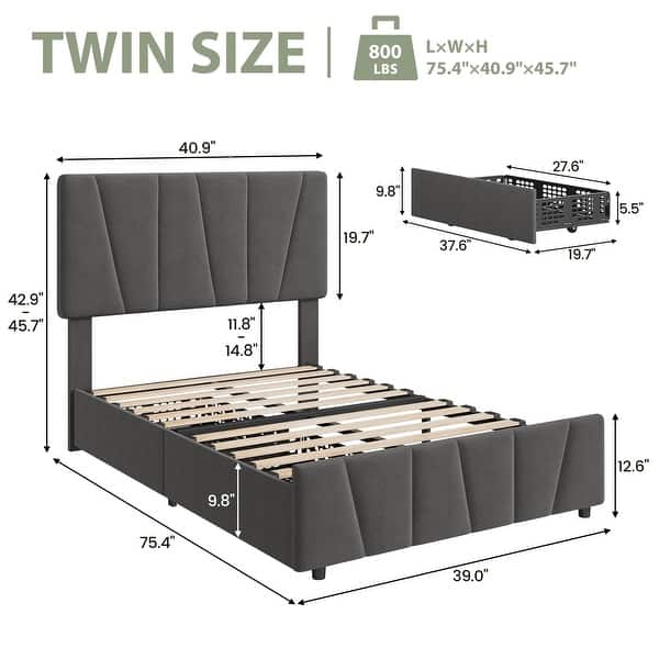 dimension image slide 1 of 2, Upholstered Platform Bed Frame with Adjustable Headboard and Drawers