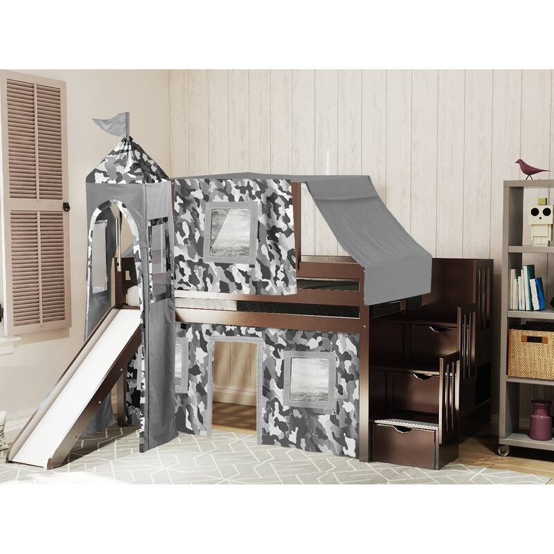 JACKPOT Prince & Princess Low Loft Twin Bed, Stairs Slide Tent & Tower - Cherry with Grey Camo Tent