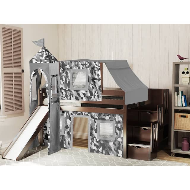 JACKPOT Prince & Princess Low Loft Bed, Stairs & Slide, Tent & Tower - Cherry with Grey Camo Tent