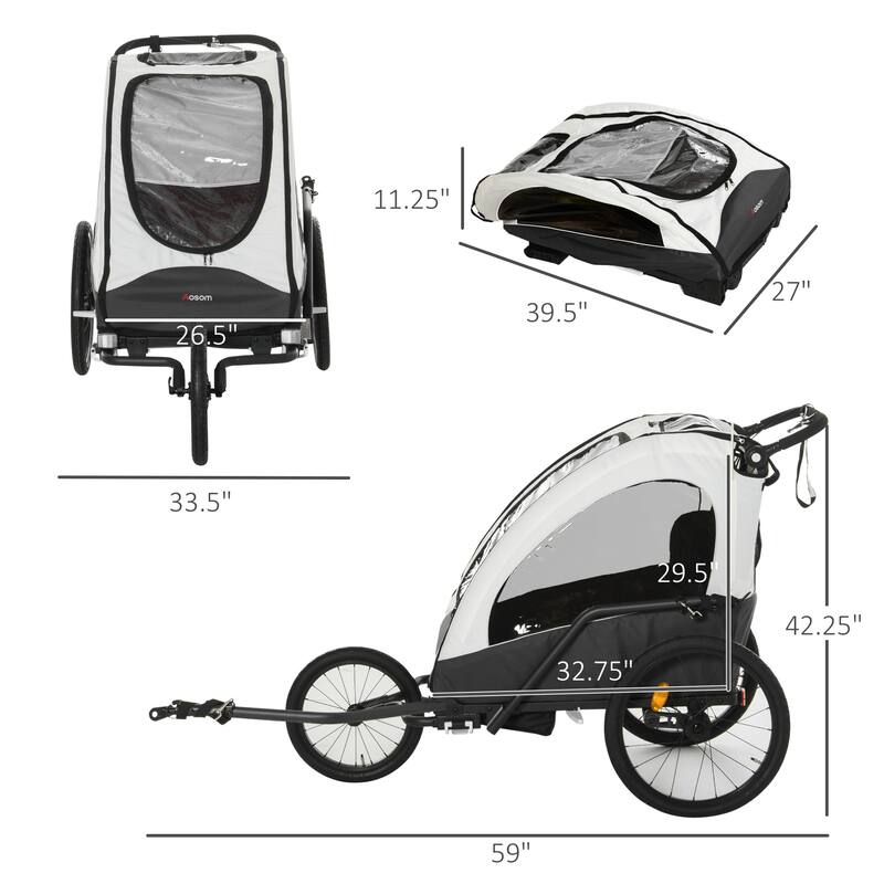 Aosom 3-in-1 Folding Child Bike Trailer Jogging & Baby Stroller with Shock Absorbing Frame & Adjustable Handlebar