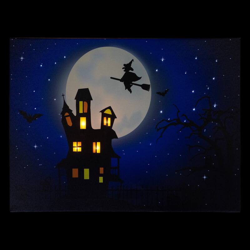 Fiber Optic LED Witch in the Moon Halloween Canvas Art 12" x 15.75"