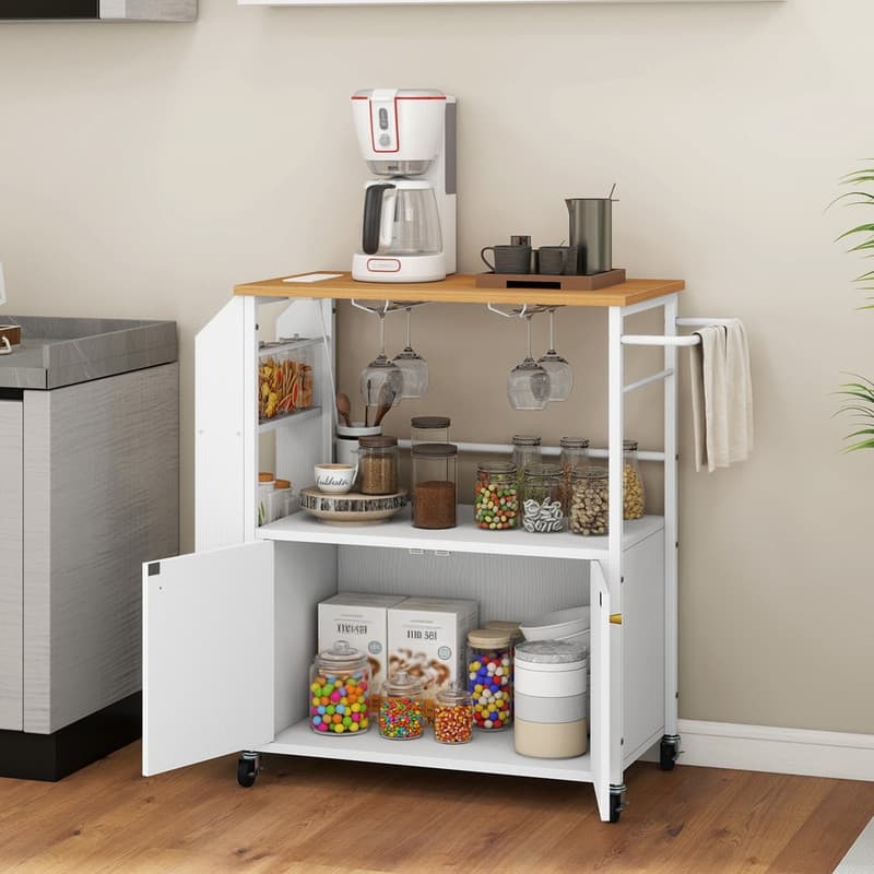 Rolling Kitchen Island Cart With Storage Shelf and Power Outlet