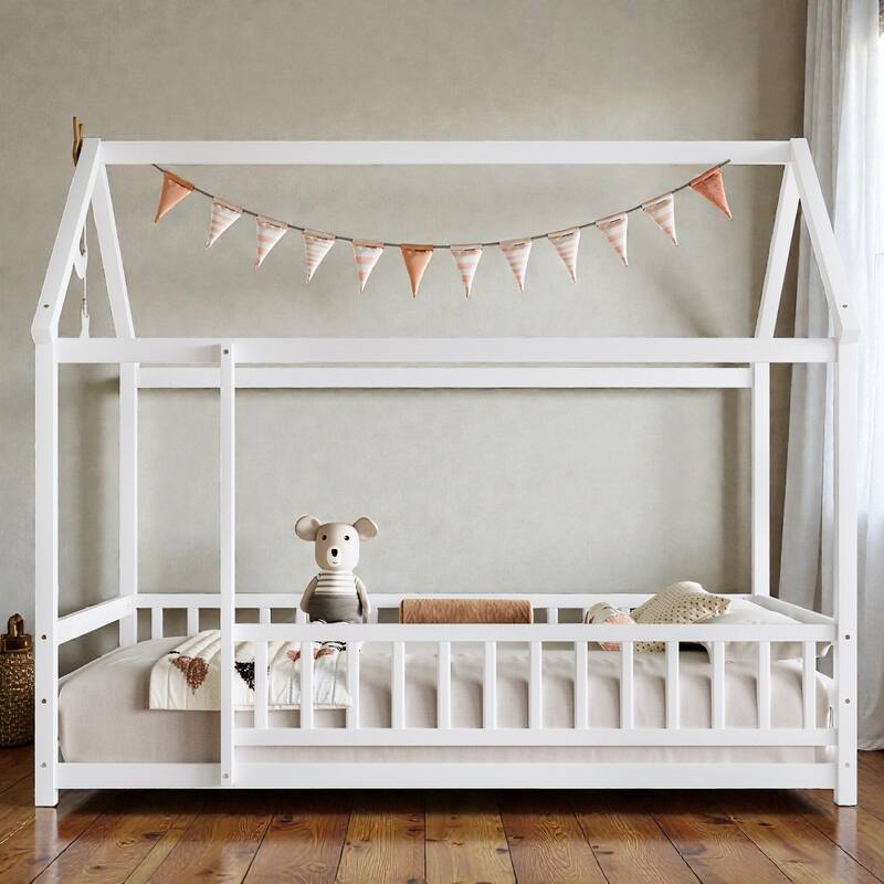 Wooden House Frame Floor Bed with Roof, Fence Guardrails, Pine Wood Kids Platform Bed for Bedroom