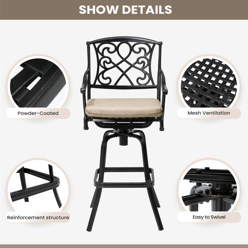 Outdoor Patio Aluminum Swivel Bar Stool with Sunbrella Cushion