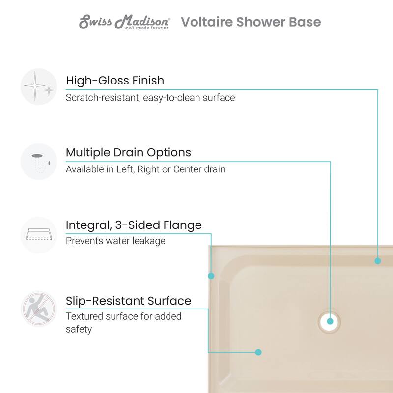 Swiss Madison Voltaire 48" x 36" Rectangular Shower Base with Single