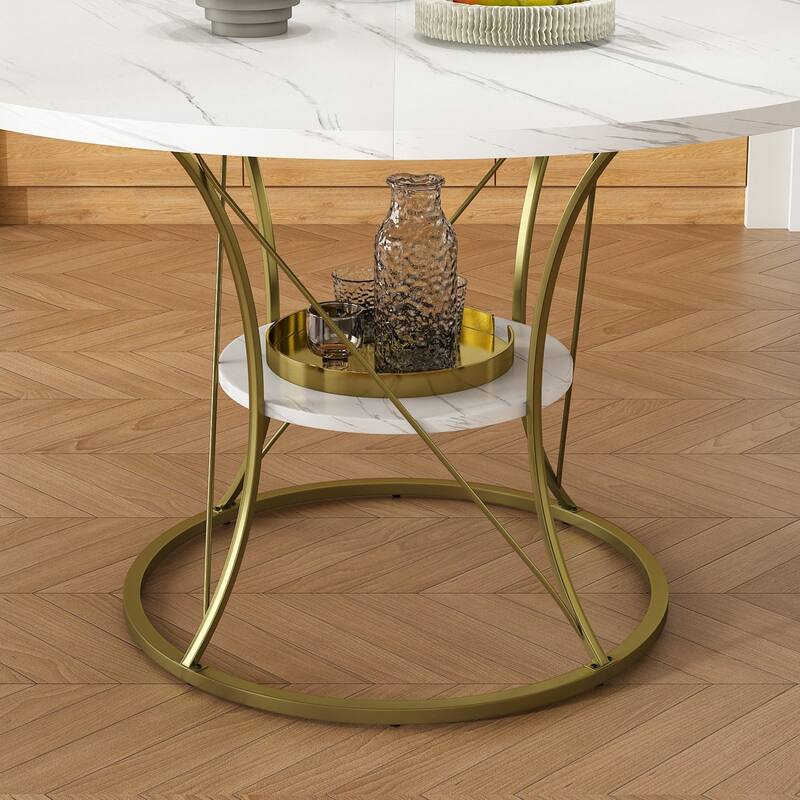 43.31" Round Extendable Wooden Dining Table with Storage Shelf and Metal Base